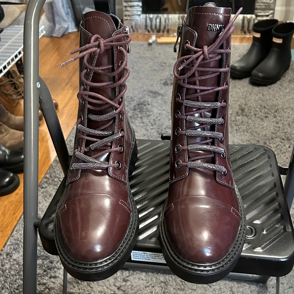 DKNY Burgundy Lace-Up Combat Boots